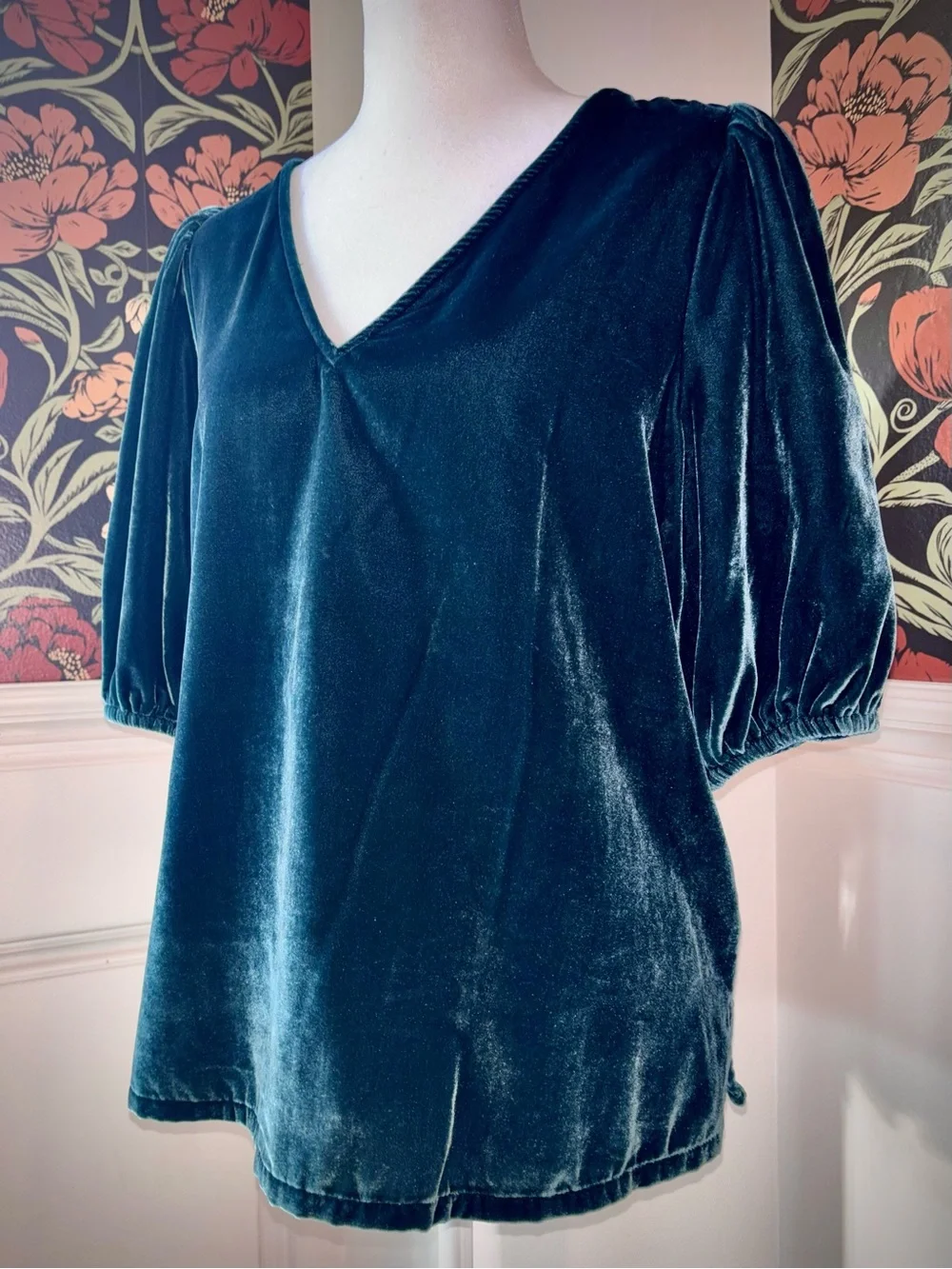 Velvet Puff Sleeve V-Neck Top Teal Blue Romantic Style